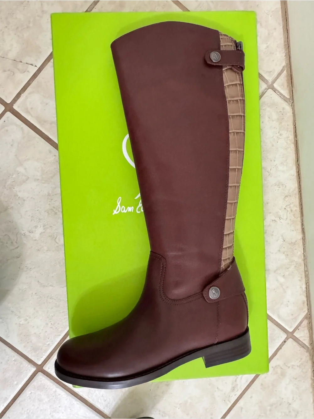 NIB Sam Edelman Sz 6 Mikala Terazzo Brown Leather Block Heel Riding Knee Boots
